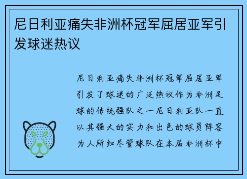 尼日利亚痛失非洲杯冠军屈居亚军引发球迷热议